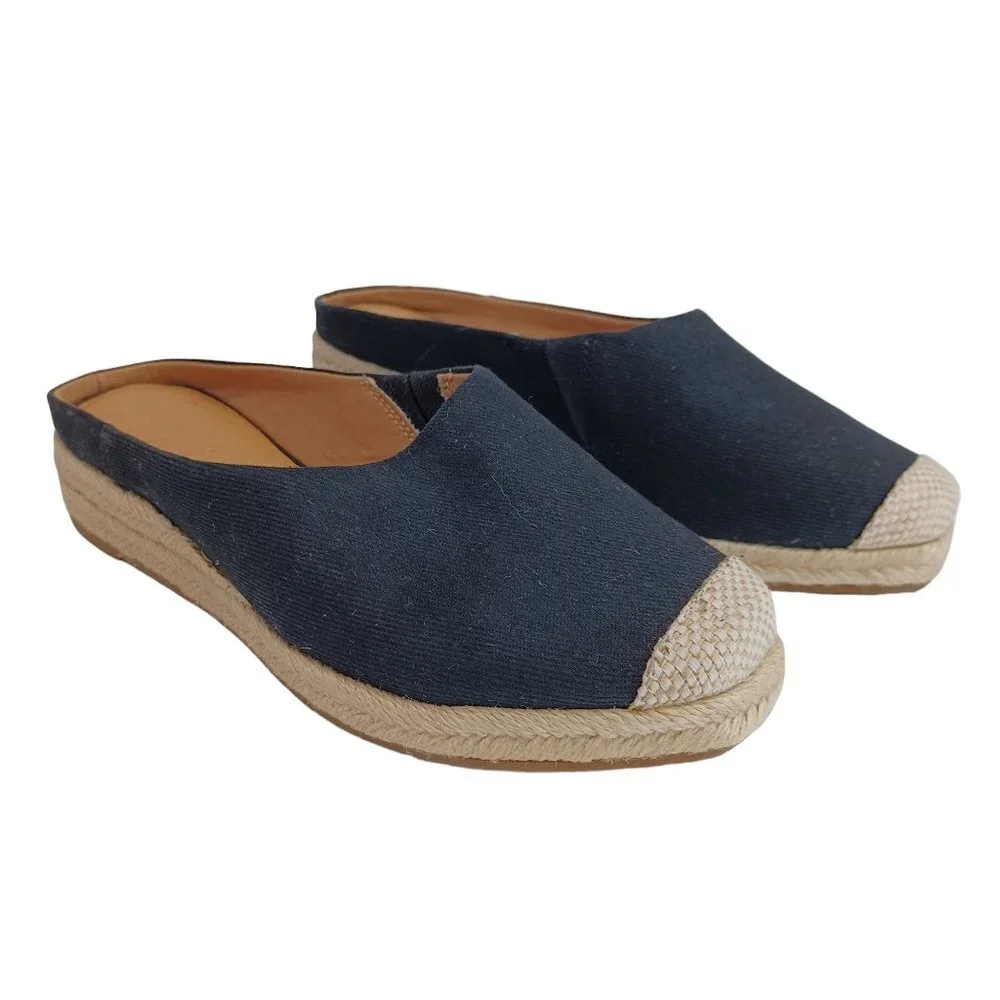 Crown Vintage Espadrille Slides Black Canvas Slip On Womens 6‎ M